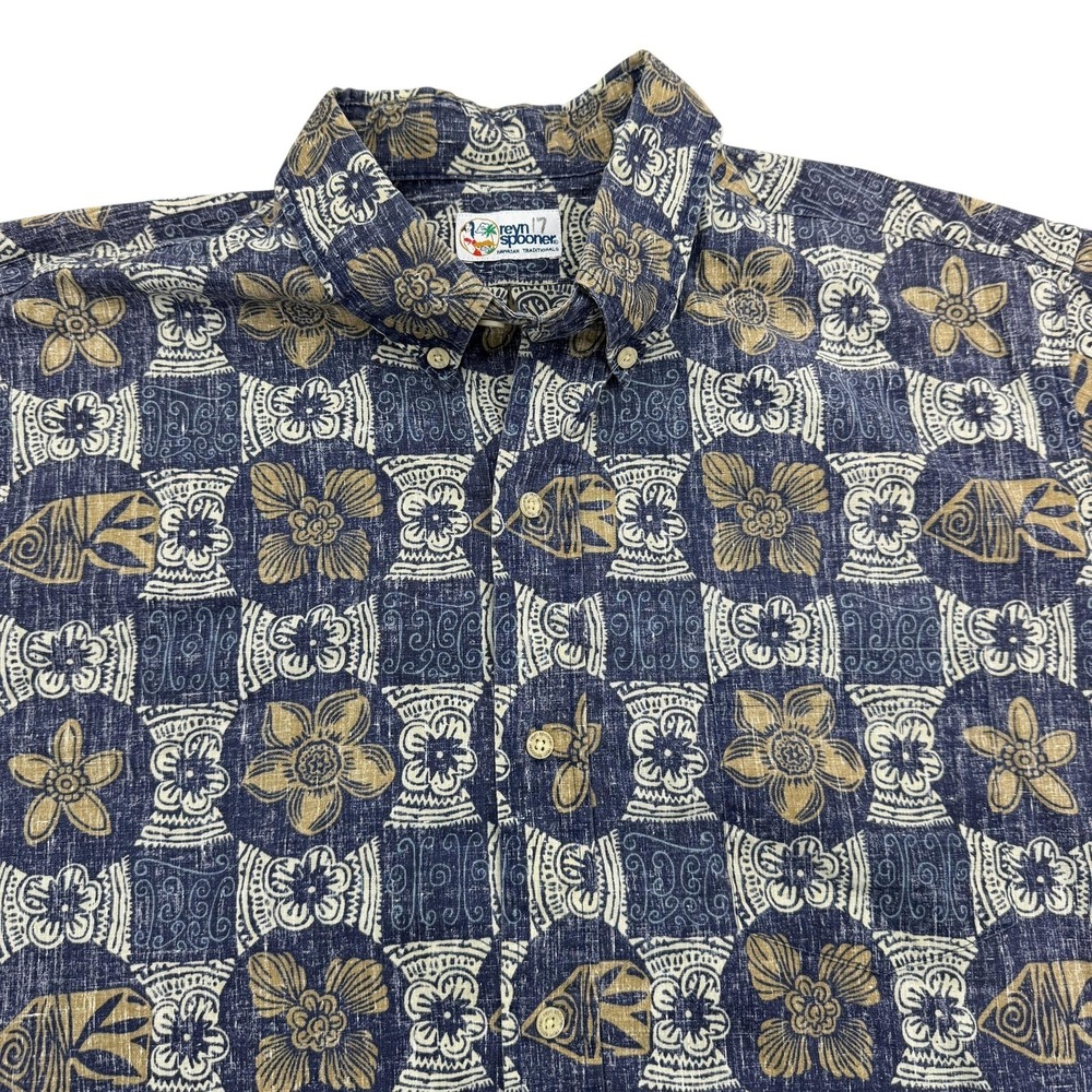 Reyn Spooner Shirt Mens XL Blue Short Sleeve Button Up Floral Cotton Hawaiian